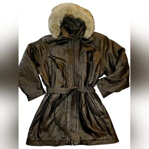 Wilson's Leather Vtg Black Leather Parka With Zip-off Faux Fur Trimmed Hood XL